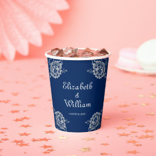 Elegant Floral Lace on Navy Blue Wedding Paper Cups