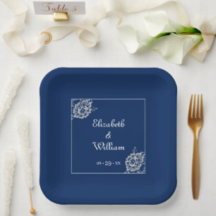 Elegant Floral Lace on Navy Blue Wedding Paper Plates