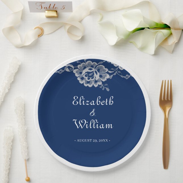 Elegant Floral Lace on Navy Blue Wedding Paper Plates (Wedding)