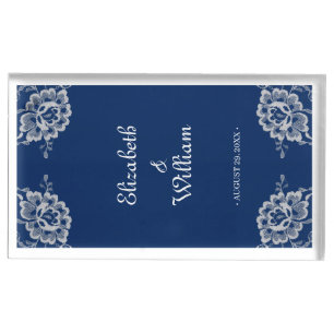 Elegant Floral Lace on Navy Blue Wedding Place Card Holder