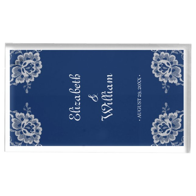 Elegant Floral Lace on Navy Blue Wedding Place Card Holder (Front)