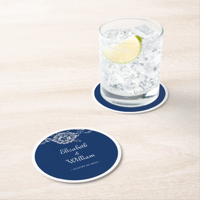 Elegant Floral Lace on Navy Blue Wedding Round Paper Coaster (Insitu)