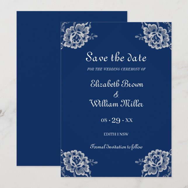 Elegant Floral Lace on Navy Blue Wedding Save The Date (Front/Back)