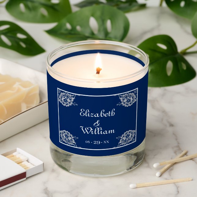 Elegant Floral Lace on Navy Blue Wedding Scented Candle (Lit)