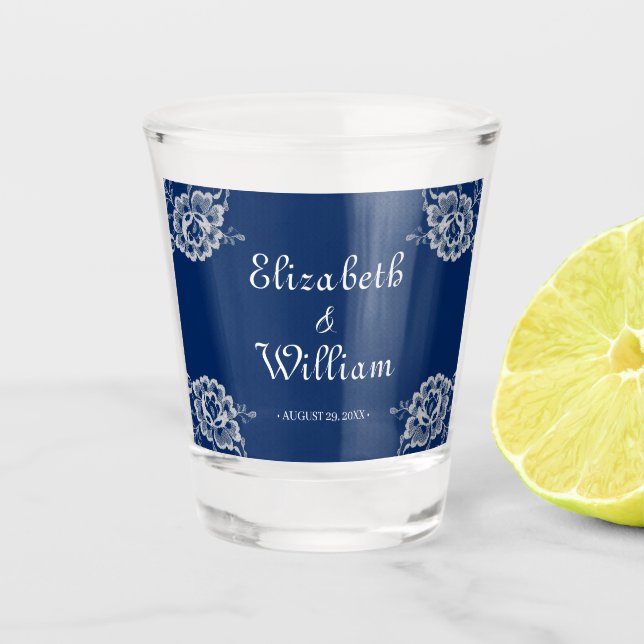 Elegant Floral Lace on Navy Blue Wedding Shot Glass (Front)
