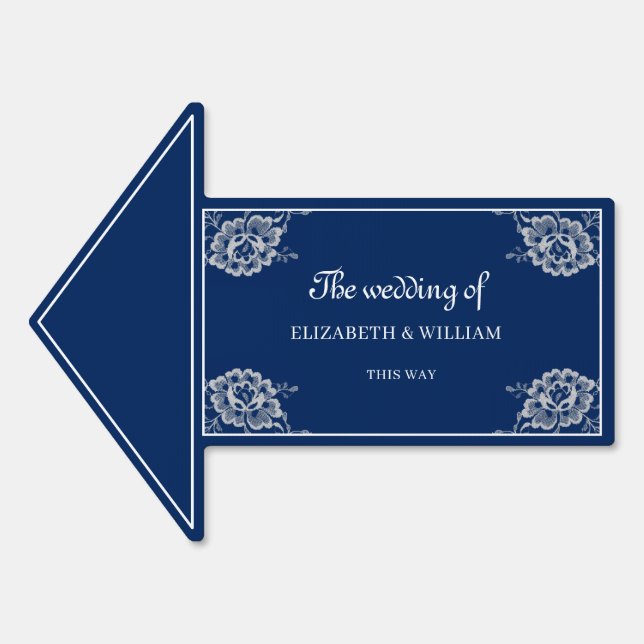 Elegant Floral Lace on Navy Blue Wedding Sign (Front)