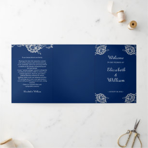 Elegant Floral Lace on Navy Blue Wedding Tri-Fold Program