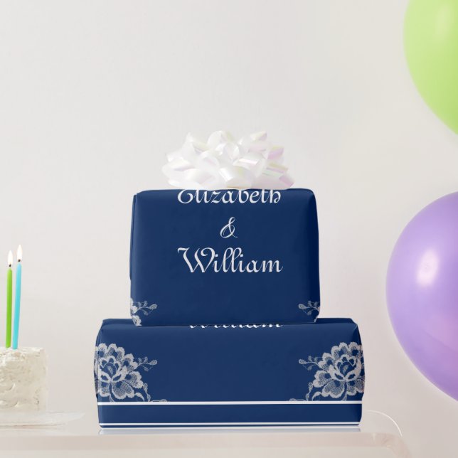 Elegant Floral Lace on Navy Blue Wedding Wrapping Paper (Party Gifts)