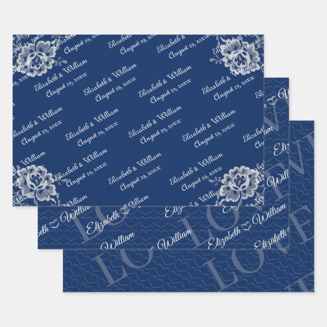 Elegant Floral Lace on Navy Blue Wedding Wrapping Paper Sheets (Set)