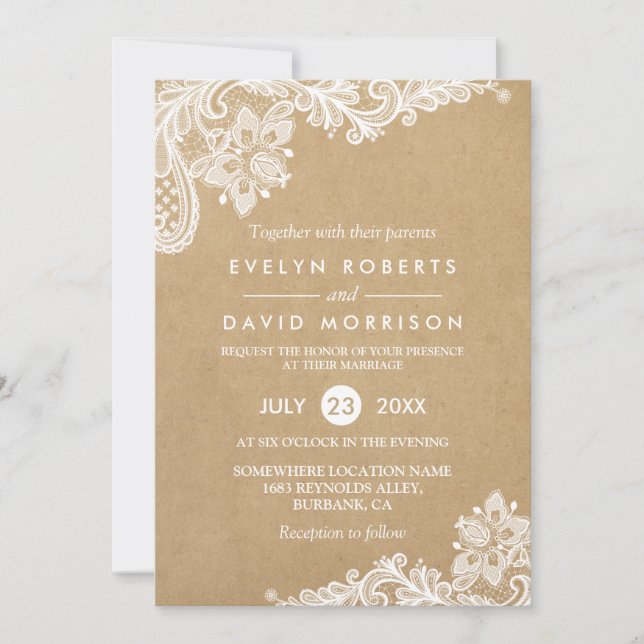Elegant Floral Lace Pattern Kraft | Formal Wedding Invitation (Front)