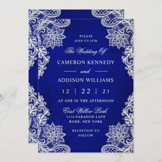 Elegant Floral Lace Royal Blue Wedding Invitation | Zazzle.com