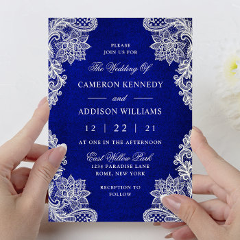 Elegant Floral Lace Royal Blue Wedding Invitation by girlygirlgraphics at Zazzle