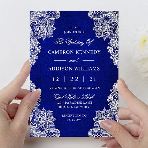 Elegant Floral Lace Royal Blue Wedding Invitation