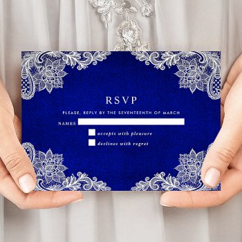 Elegant Floral Lace Royal Blue Wedding Rsvp Card by girlygirlgraphics at Zazzle