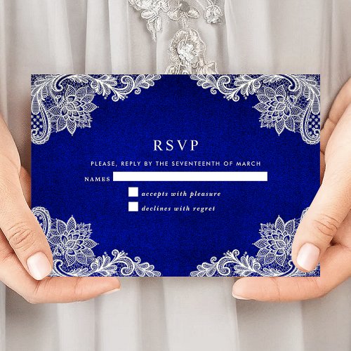 Elegant Floral Lace Royal Blue Wedding RSVP Card