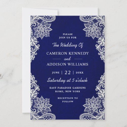 Elegant Floral Lace Stylish Navy Blue Wedding Invitation