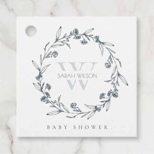 Elegant Floral Laurel Wreath Monogram Baby Shower Favor Tags