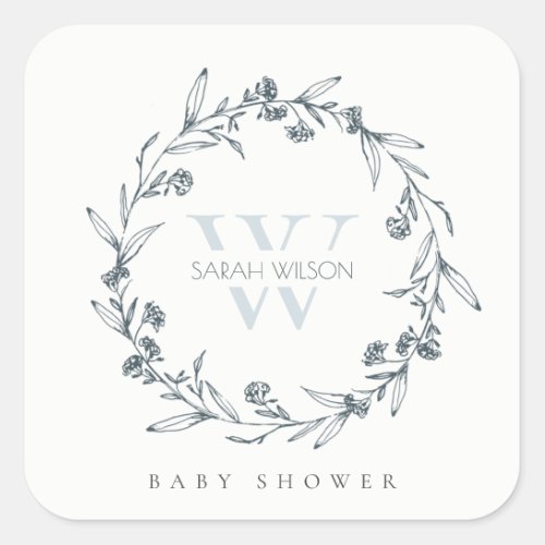 Elegant Floral Laurel Wreath Monogram Baby Shower Square Sticker
