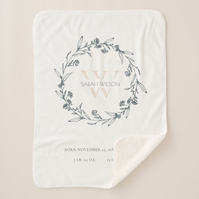 Elegant Floral Laurel Wreath Monogram Baby Stats  Sherpa Blanket (Front)