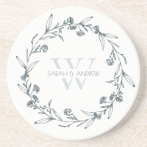Elegant Floral Laurel Wreath Monogram Wedding Coaster