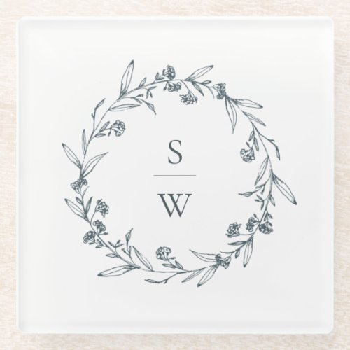 Elegant Floral Laurel Wreath Monogram Wedding Glass Coaster