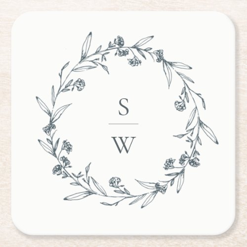 Elegant Floral Laurel Wreath Monogram Wedding Square Paper Coaster