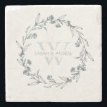 Elegant Floral Laurel Wreath Monogram Wedding Stone Coaster<br><div class="desc">If you need any further customisation please feel free to message me on yellowfebstudio@gmail.com.</div>