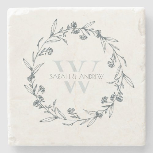 Elegant Floral Laurel Wreath Monogram Wedding Stone Coaster