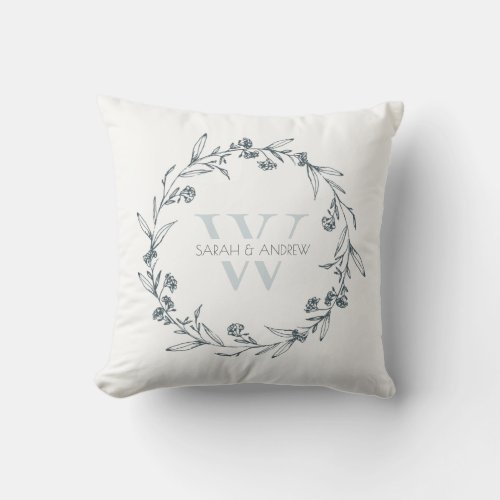 Elegant Floral Laurel Wreath Monogram Wedding Throw Pillow