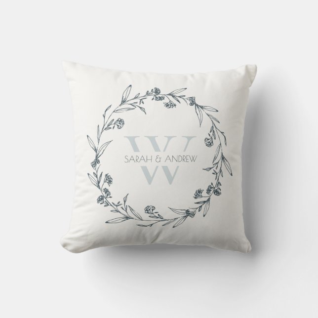 Elegant Floral Laurel Wreath Monogram Wedding Throw Pillow (Front)