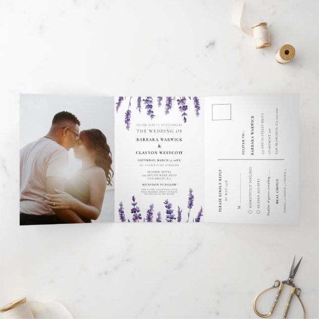 Elegant floral lavender All in one wedding Tri-Fold Invitation (Inside)