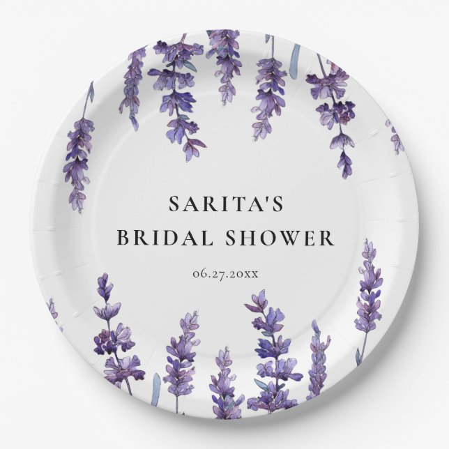 Elegant Floral Lavender Bridal Shower Paper Plates (Front)