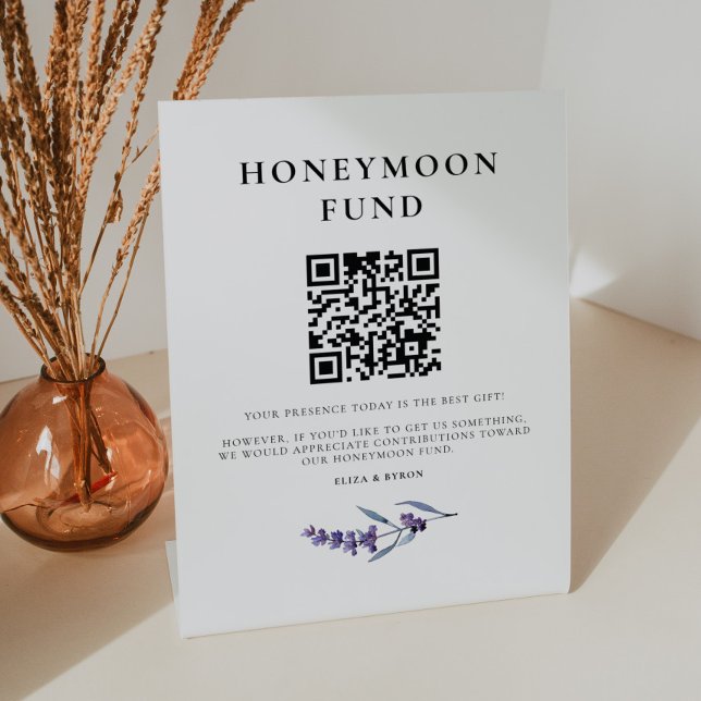 Elegant Floral Lavender Honeymoon Fund QR code Pedestal Sign (Creator Uploaded)