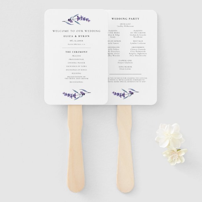 Elegant Floral Lavender Program & Wedding Party Hand Fan (Front and Back)
