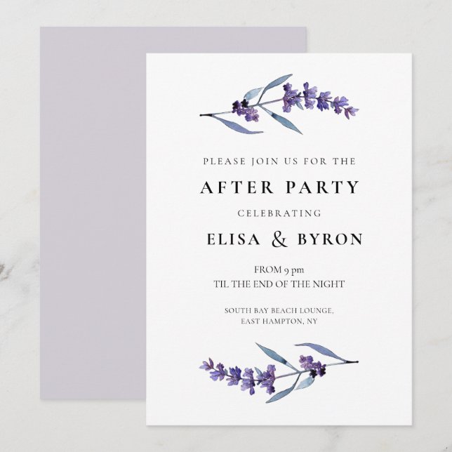 Elegant floral lavender wedding after party invitation (Front/Back)