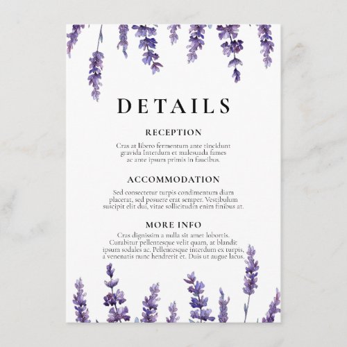 Elegant floral lavender wedding guest information enclosure card