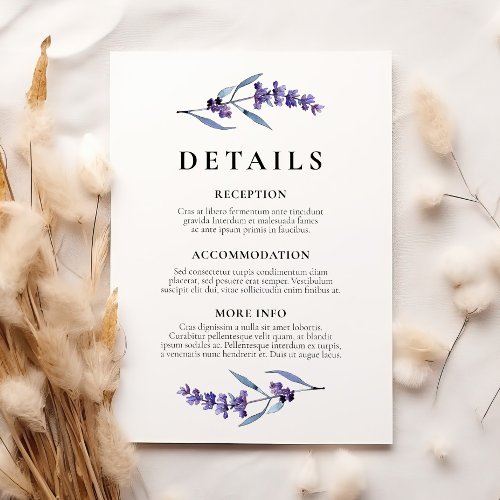 Elegant floral lavender wedding guest information enclosure card