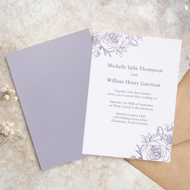 Elegant Floral Lavender Wedding Invitation (Elegant lavender floral wedding invitation with envelope, minimalist rose line art design)