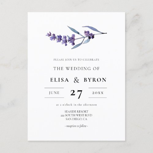 Elegant floral lavender wedding invitation postcard