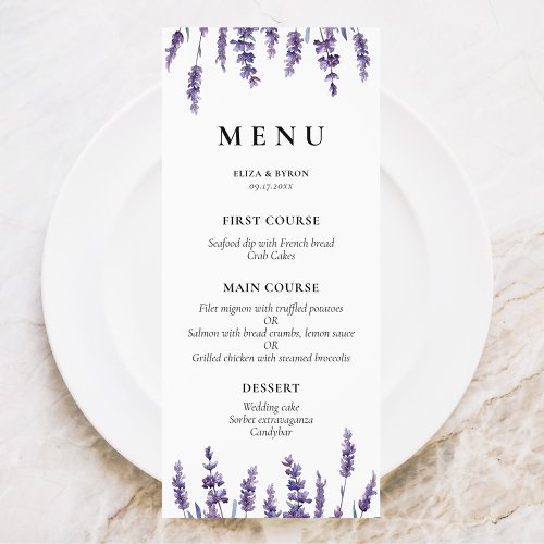 Elegant floral lavender wedding menu