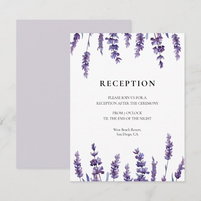 Elegant floral lavender wedding reception card (Front/Back)
