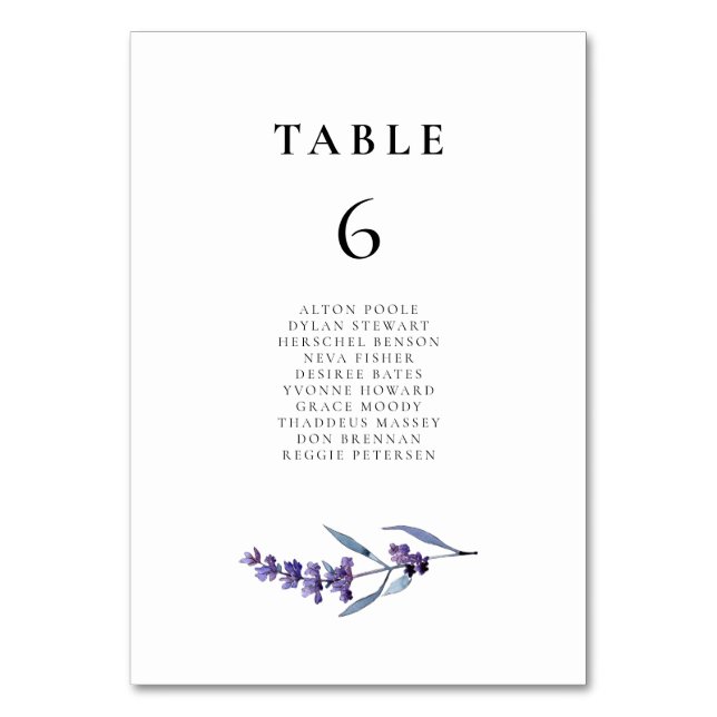 Elegant Floral Lavender Wedding Seating Chart Card (Front)