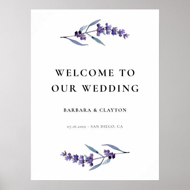 Elegant Floral Lavender Wedding Welcome Sign (Front)