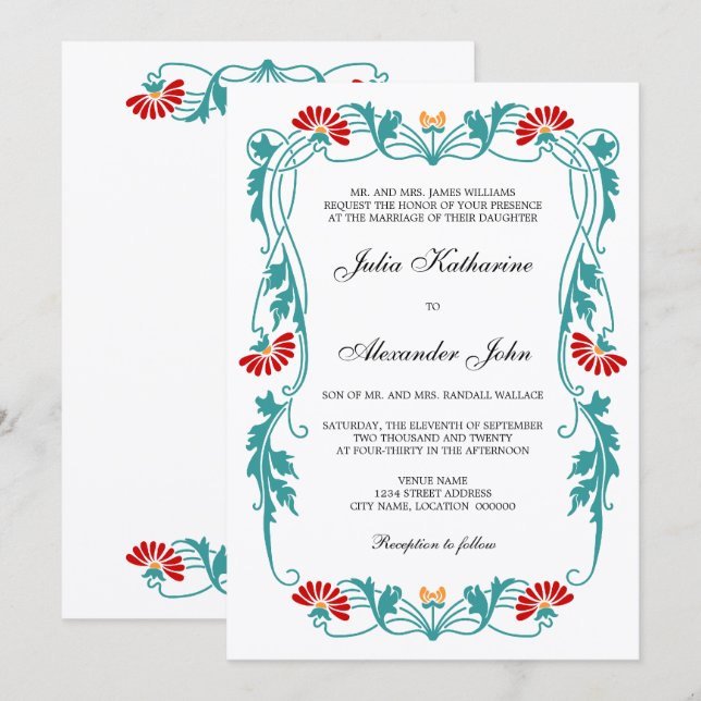 Elegant Floral Leaf and Swirls Invitation (Front/Back)