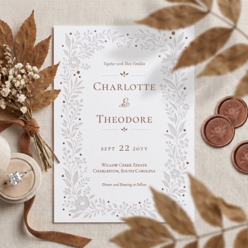Elegant Floral Leaf Botanical Frame Wedding Suite Letterpress Invitation