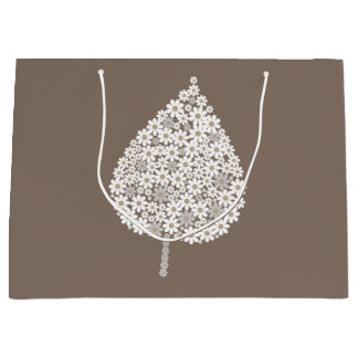 Elegant Floral Leaf Design – White and Soft Grey  Large Gift Bag