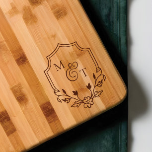 Elegant Floral Leaf Emblem Wedding Crest Monogram Engraved Cutting Board