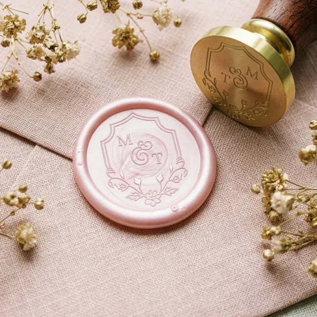 Elegant Floral Leaf Emblem Wedding Crest Monogram Wax Seal Stamp | Zazzle