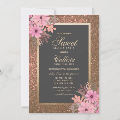 Elegant Floral Leaves Watercolor Glitter Sweet 16 Invitation