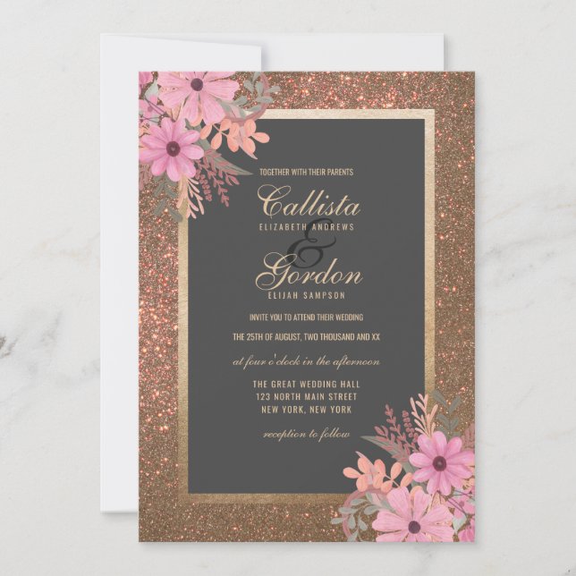 Elegant Floral Leaves Watercolor Glitter Wedding Invitation (Front)